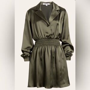 Steve Madden Olive Green Long Sleeve Satin Mini Shirt Dress size Medium
